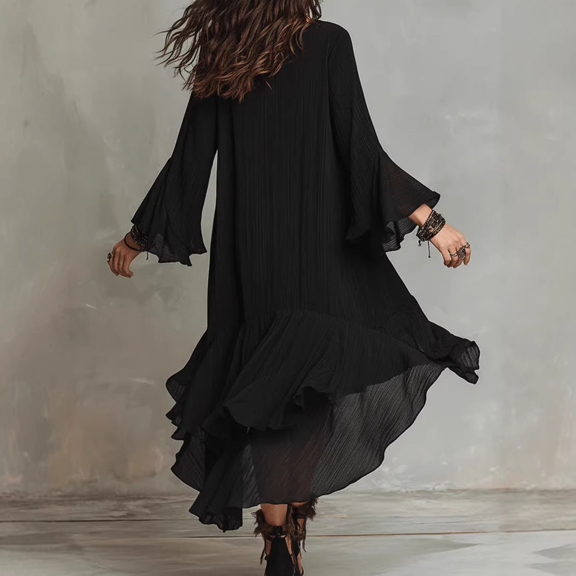 Womens Solid-color Elegant Asymmetrical Ruffled Dress by Ricaloux