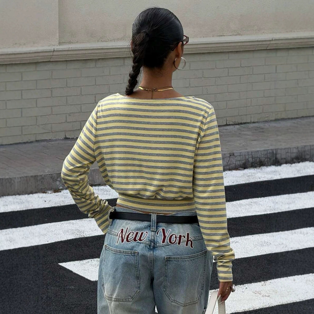 Striped Crew-neck Waist-cinched Womens Long-sleeve Top – Premium 0 | RICALOUX