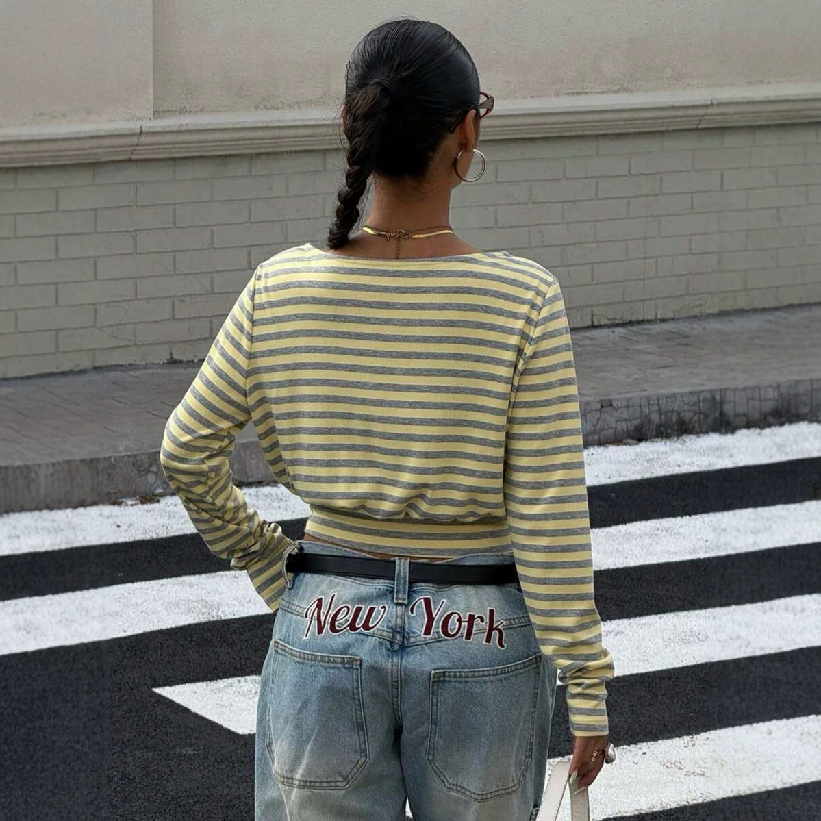 Striped Crew-neck Waist-cinched Womens Long-sleeve Top – Premium 0 | RICALOUX