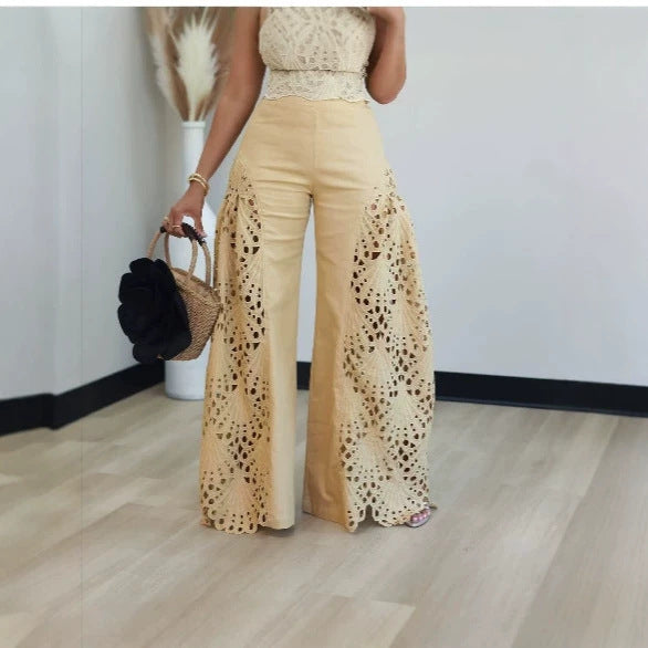 Womens Versatile Lace Hollow-out Patchwork High-waisted Solid-color Wide-leg Pants – Premium 0 | RICALOUX