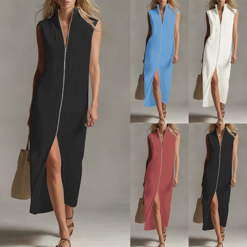 Women's Sleeveless Zip Front Maxi Dress Stand Collar Split Hem Casual Long Dress For Summer by Ricaloux