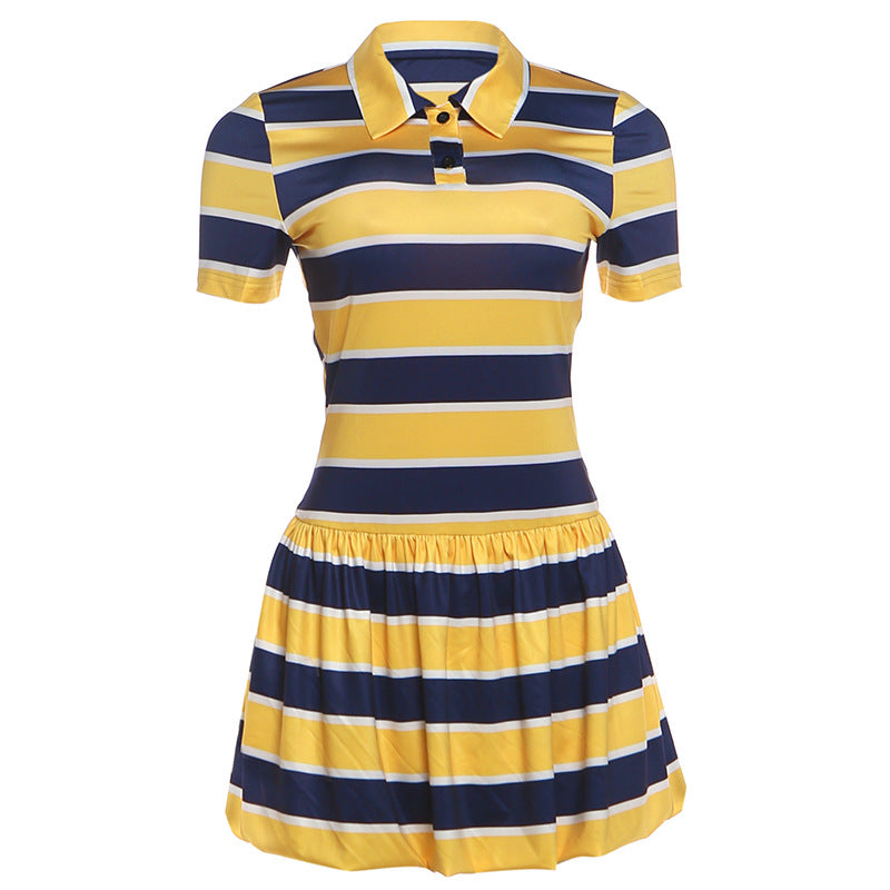 Womens Striped Sporty Short-sleeve Dress With A Lapel Collar by Ricaloux