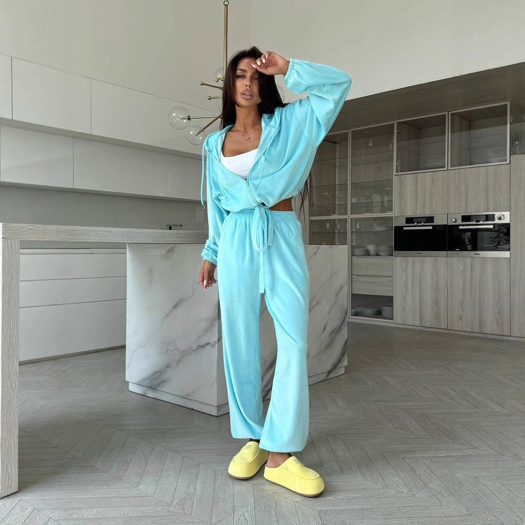 Casual Hooded Set Solid-color Long-sleeve Zip-up Cardigan With Drawstrings by Ricaloux