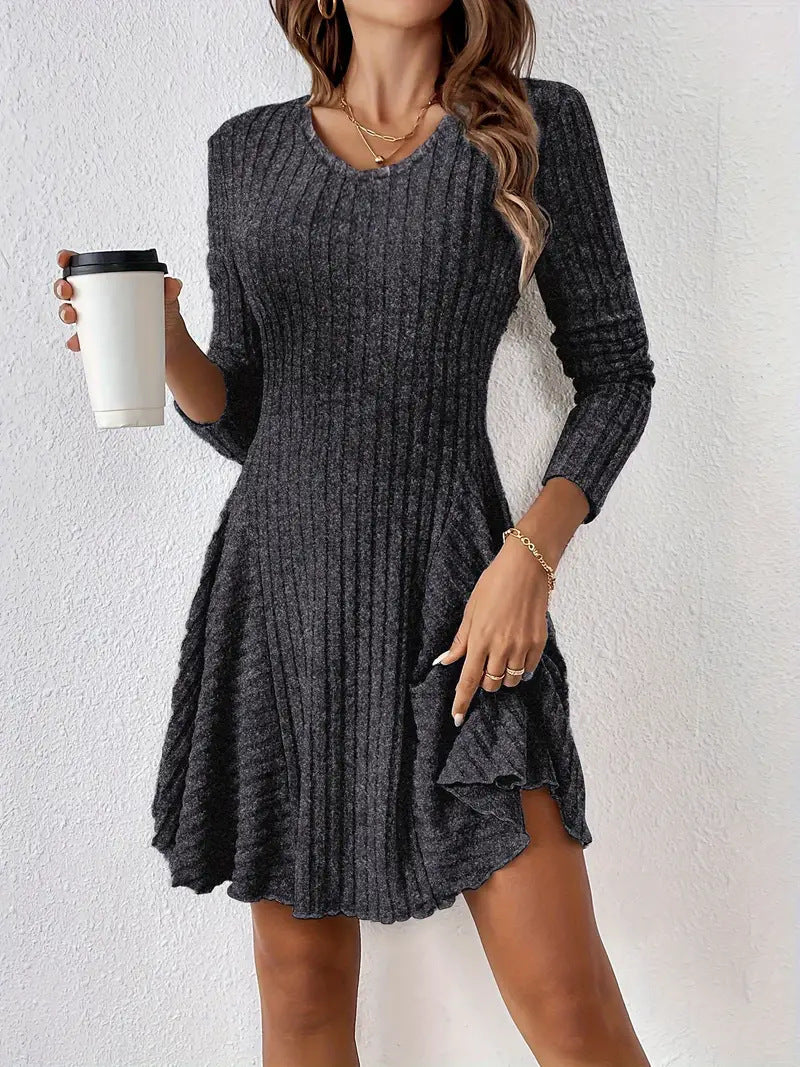 Women's V-Neck Long Sleeve Ribbed Knit Ruffle Hem Mini Dress - Casual Bodycon Flared Swing Dress, Multiple Colors Available by Ricaloux