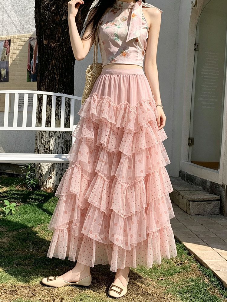 Ethereal Chiffon Puff Polka-dot Skirt by Ricaloux