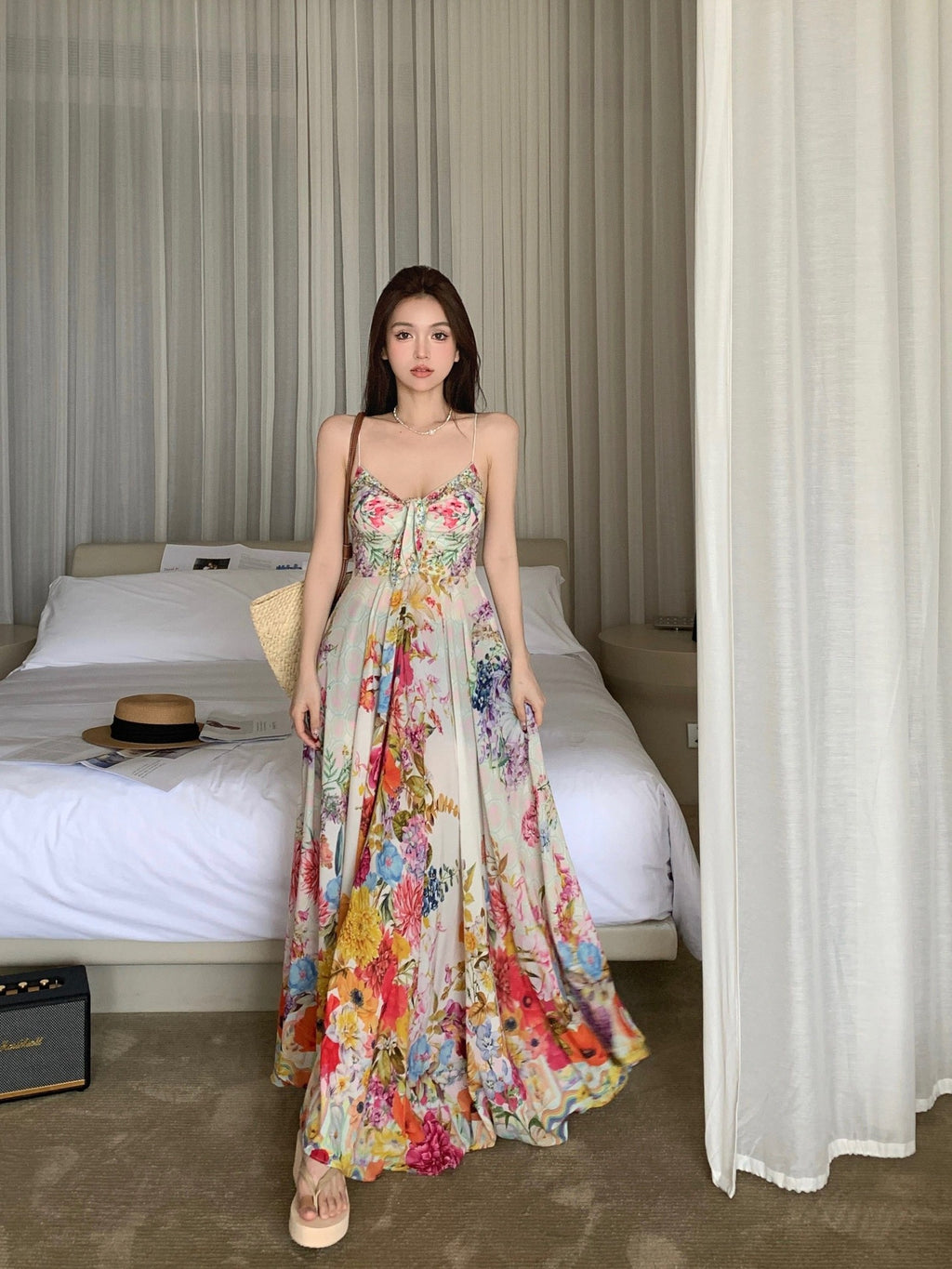 Floral-print Strap Dress Ethereal Long Skirt – Premium 0 | RICALOUX