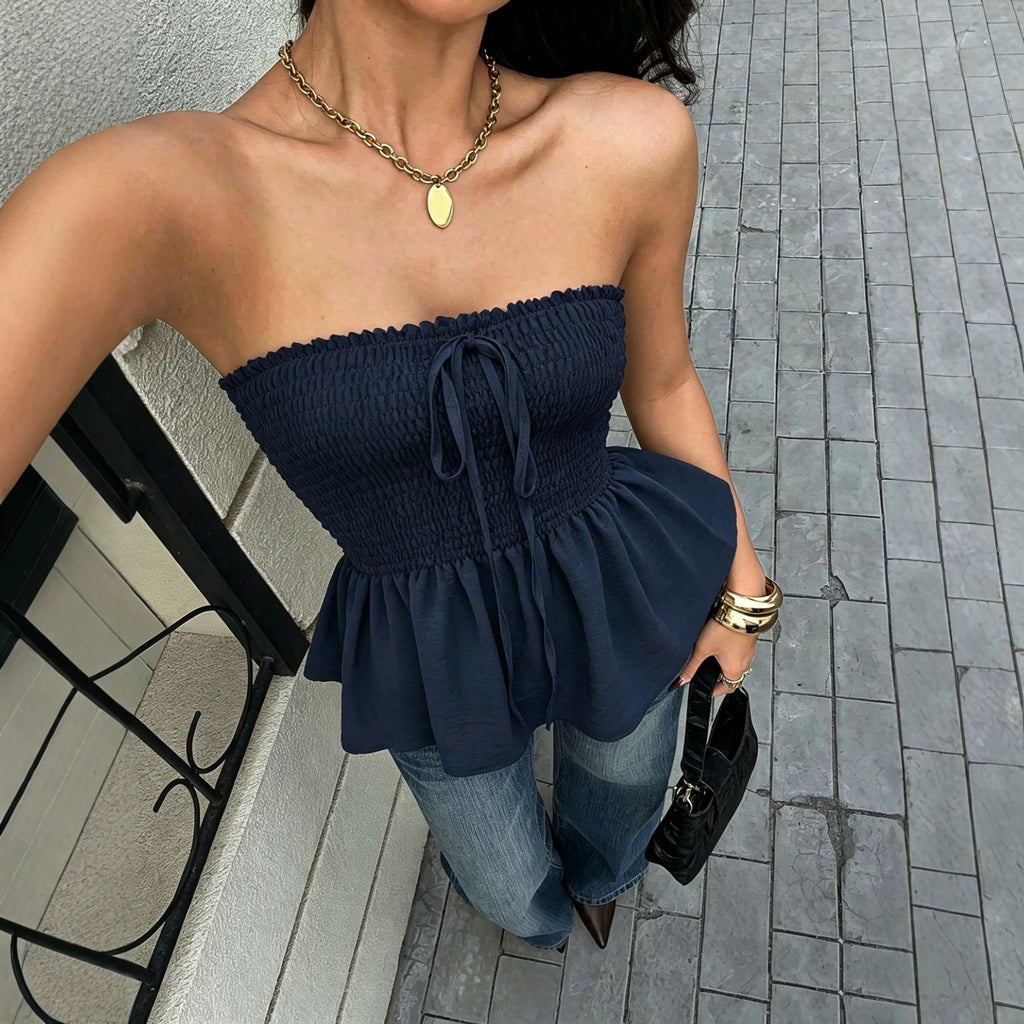 Womens Waist-cinching Ruffled-hem Strapless Resort-style Tank Top by Ricaloux