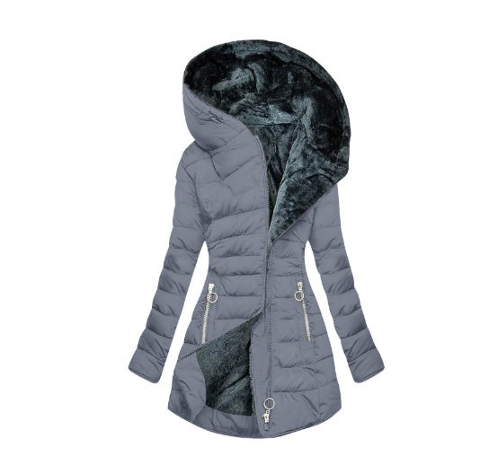 Women's Plush Hooded Mid-length Oblique Zipper Cotton-padded Coat - RICALOUX