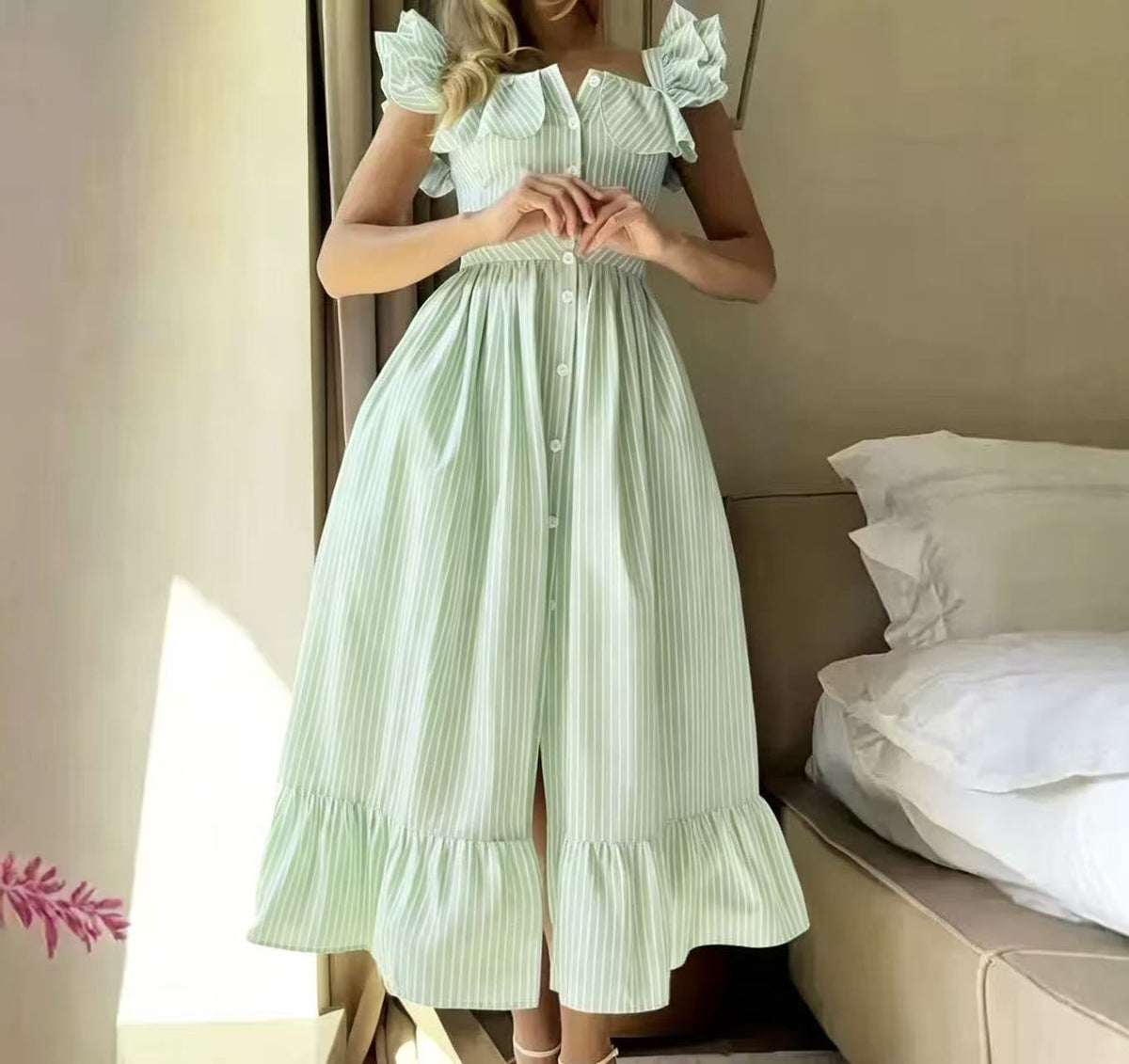 Buttoned Striped Dress With Puff Sleeves And Ruffled Hem by Ricaloux