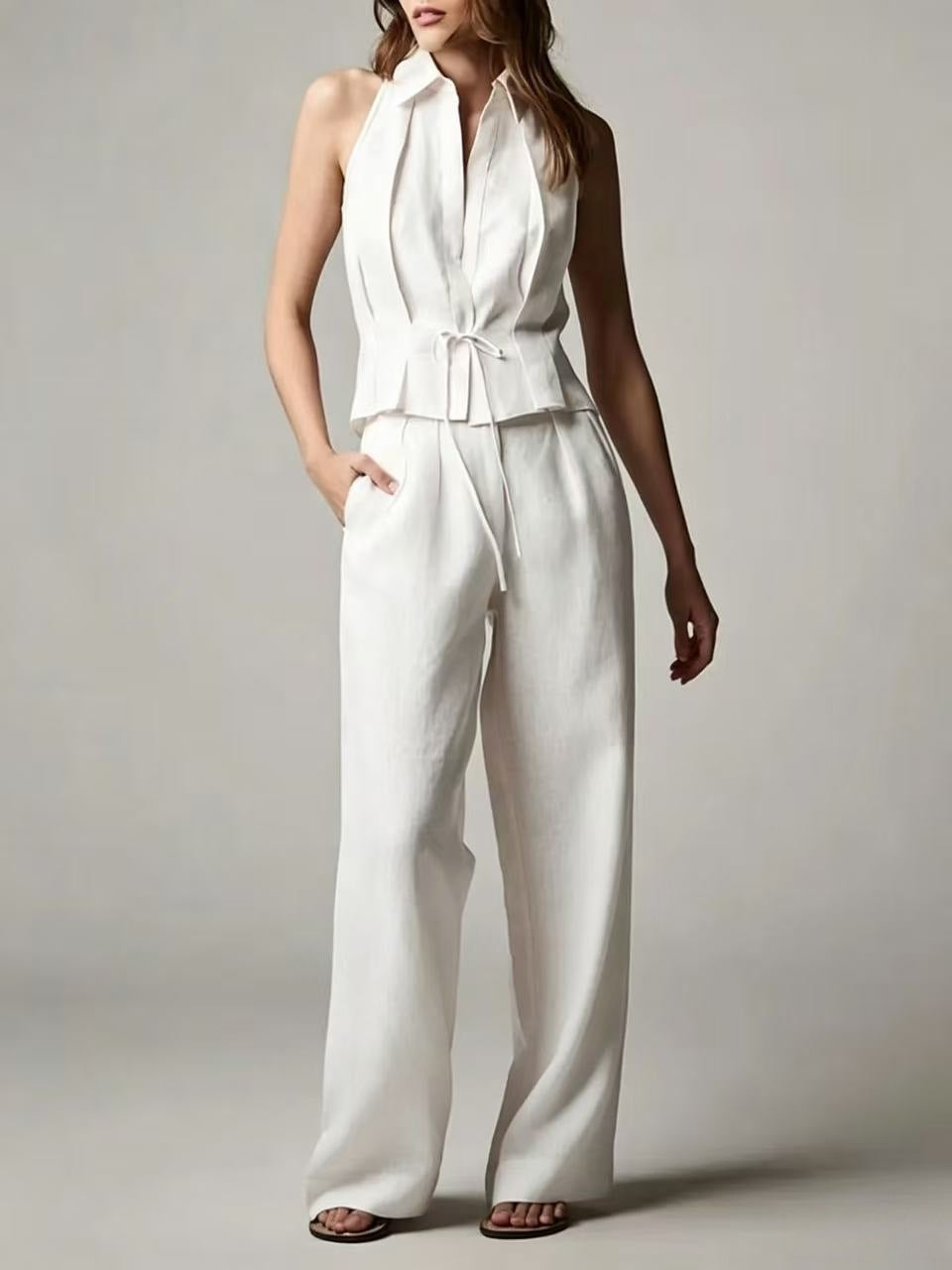Cotton-linen Sleeveless Lapel Top With A Simple Straight-leg Pants Set by Ricaloux