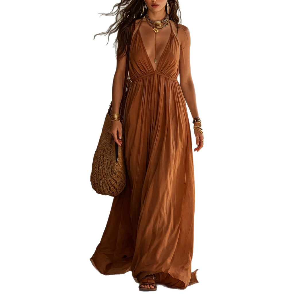 Deep V-neck Halter Backless Dress For Women by Ricaloux