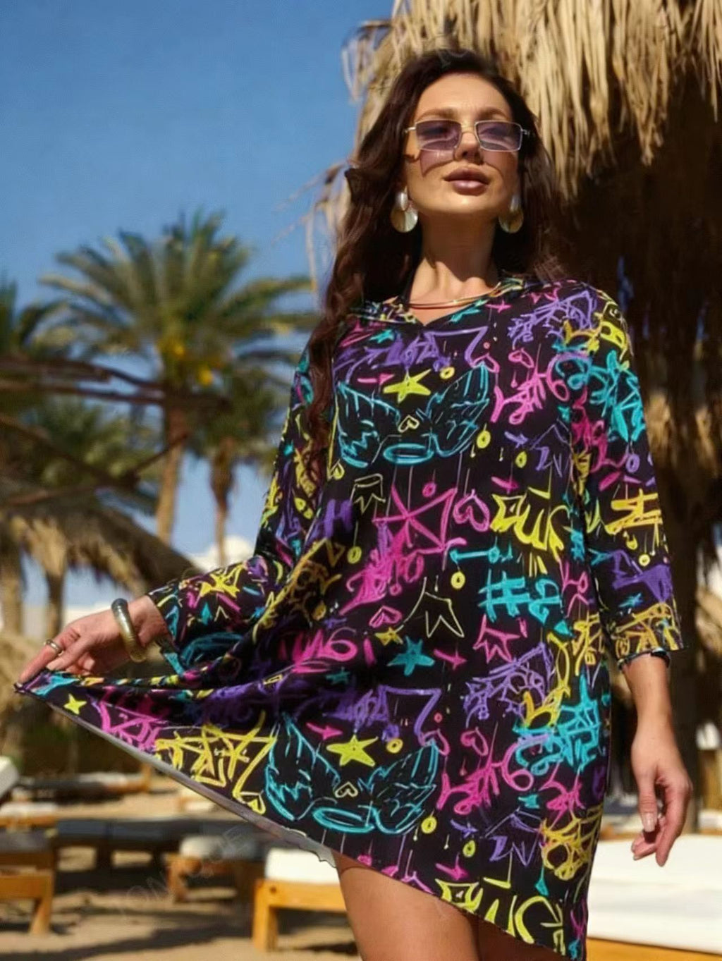 Printed Beach Three Quarter Sleeve One Piece Swimsuit Cover Up – Premium 0 | RICALOUX