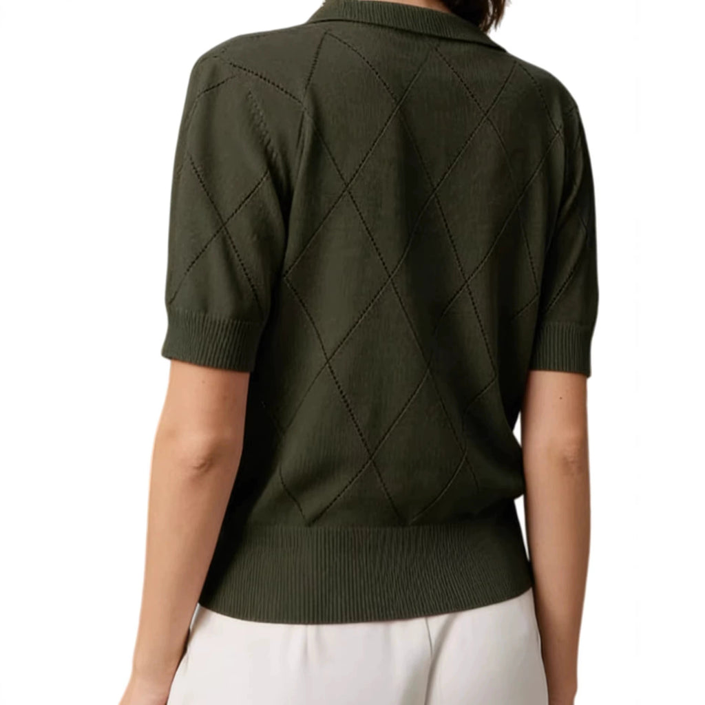 Women's Lightweight Summer Knitwear, Flared Collar Polo-Neck Short Sleeve Military Green Waist-Cinching Slim Fit Office-Ready Versatile Top by Ricaloux