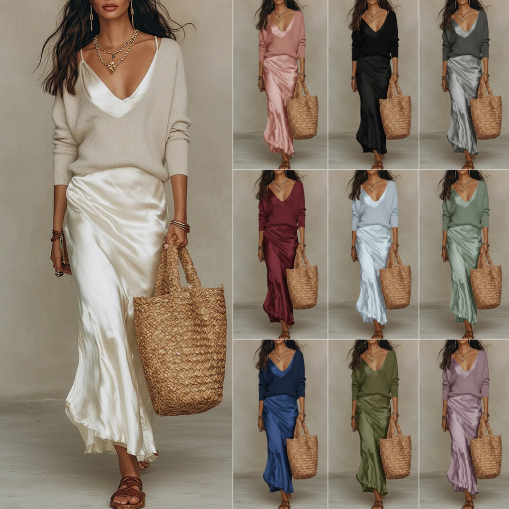 Women's Chic Satin Maxi Dress 2 Pieces Sets Sexy Straps Sleeveless Long Sleeve Top Evening Dresses Elegant New Party Street Gown by Ricaloux