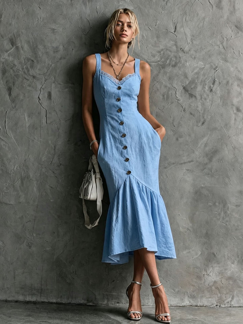Womens Lace-Trimmed Buttoned Strap Fishtail Long Dress by Ricaloux