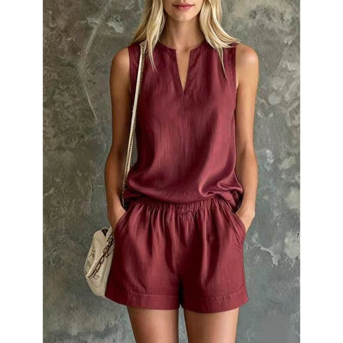 Casual Commuter Cotton-Linen V-Neck Sleeveless Top And Shorts Two-Piece Set by Ricaloux