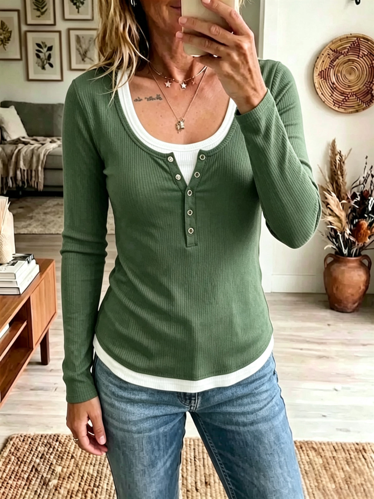 Womens Color-Block Fake Two-Piece Slim-Fit Casual Long-Sleeve T-Shirt – Premium 0 | RICALOUX
