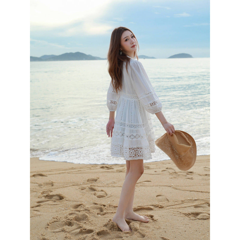 White Lantern-sleeve V-neck Dress – Premium 0 | RICALOUX