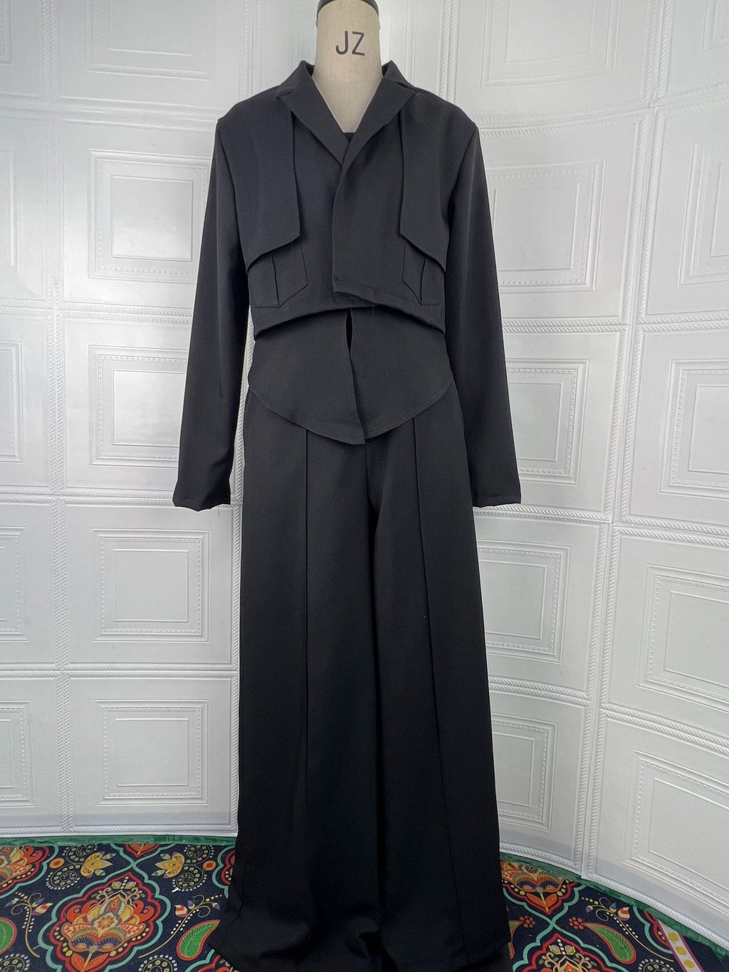 Womens Solid-color Elegant Blazer And Wide-leg Suspender Pants Set by Ricaloux