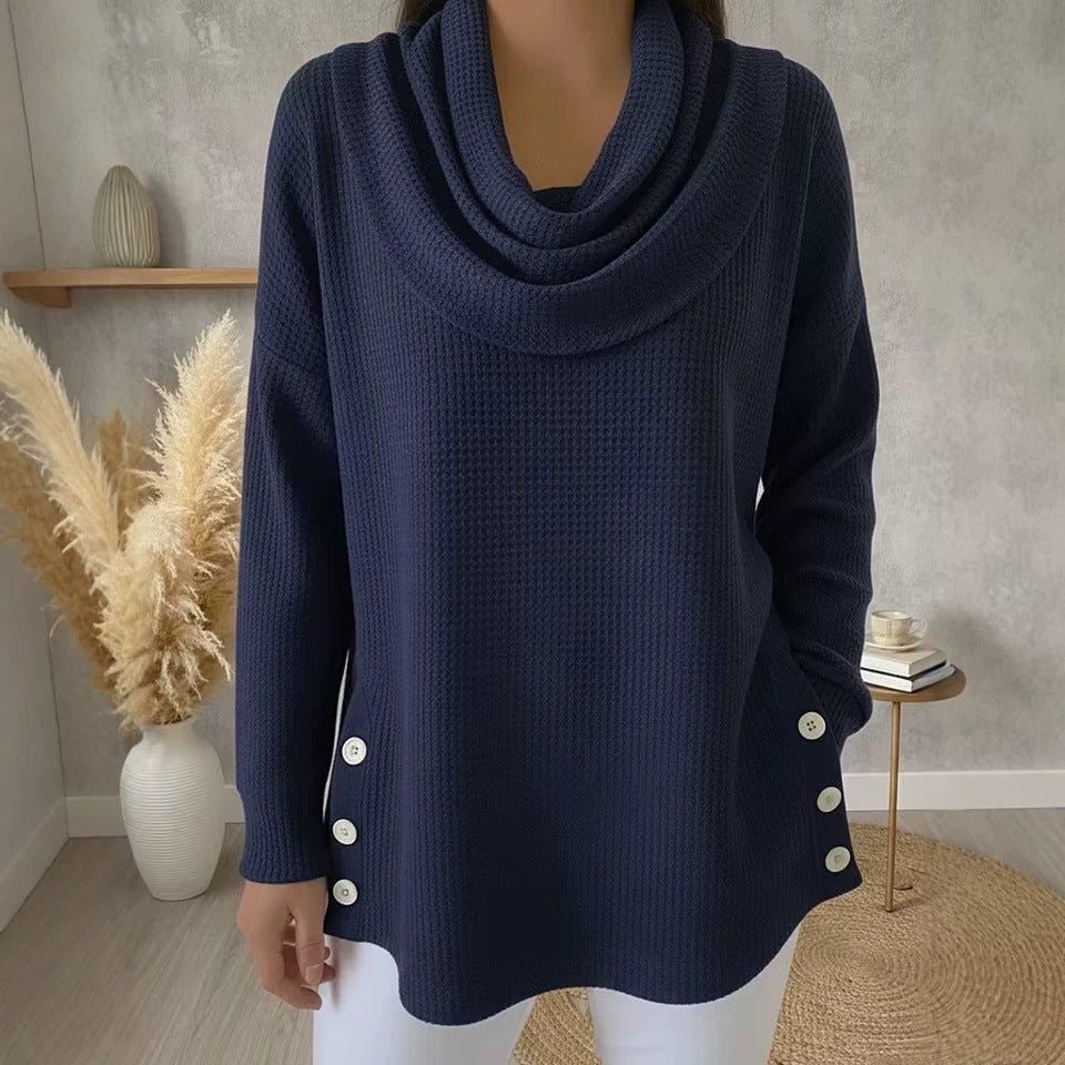 Solid-color Turtleneck Pullover Long-sleeve Womens Top With Buttons by Ricaloux