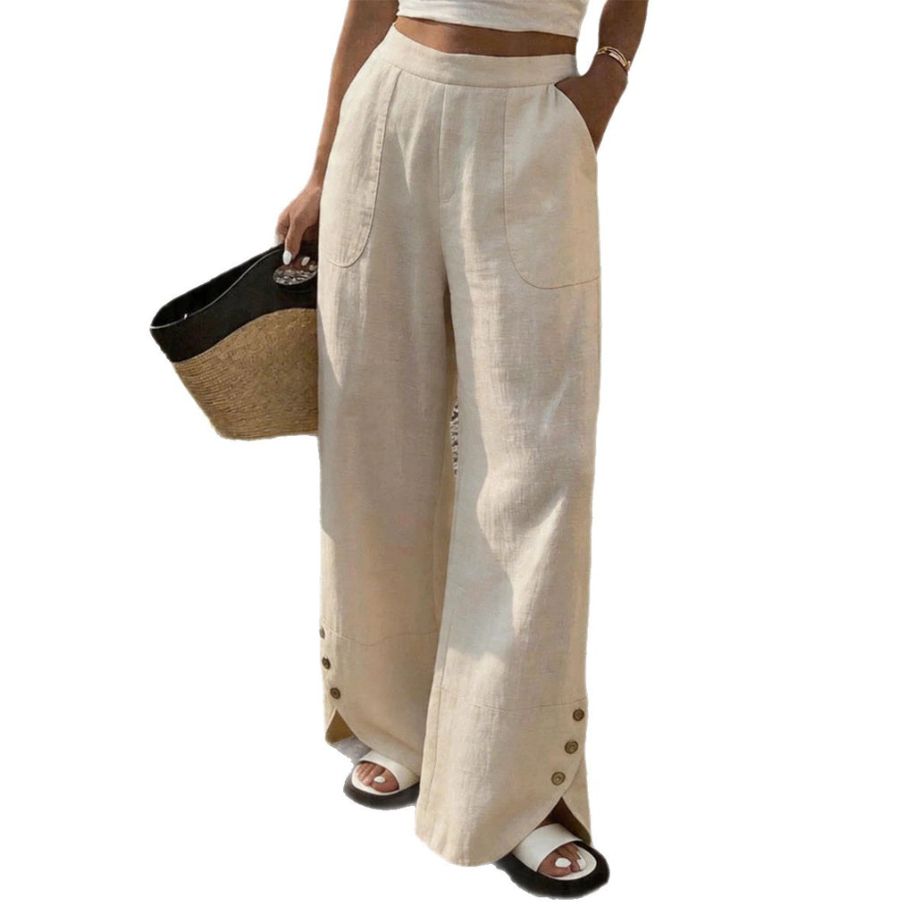 Womens Solid-color Loose-fit Straight-leg Casual Wide-leg Pants With Pockets by Ricaloux