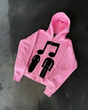 Printed Zip-Up Hoodie Loose-Fit Sweatshirt by Ricaloux