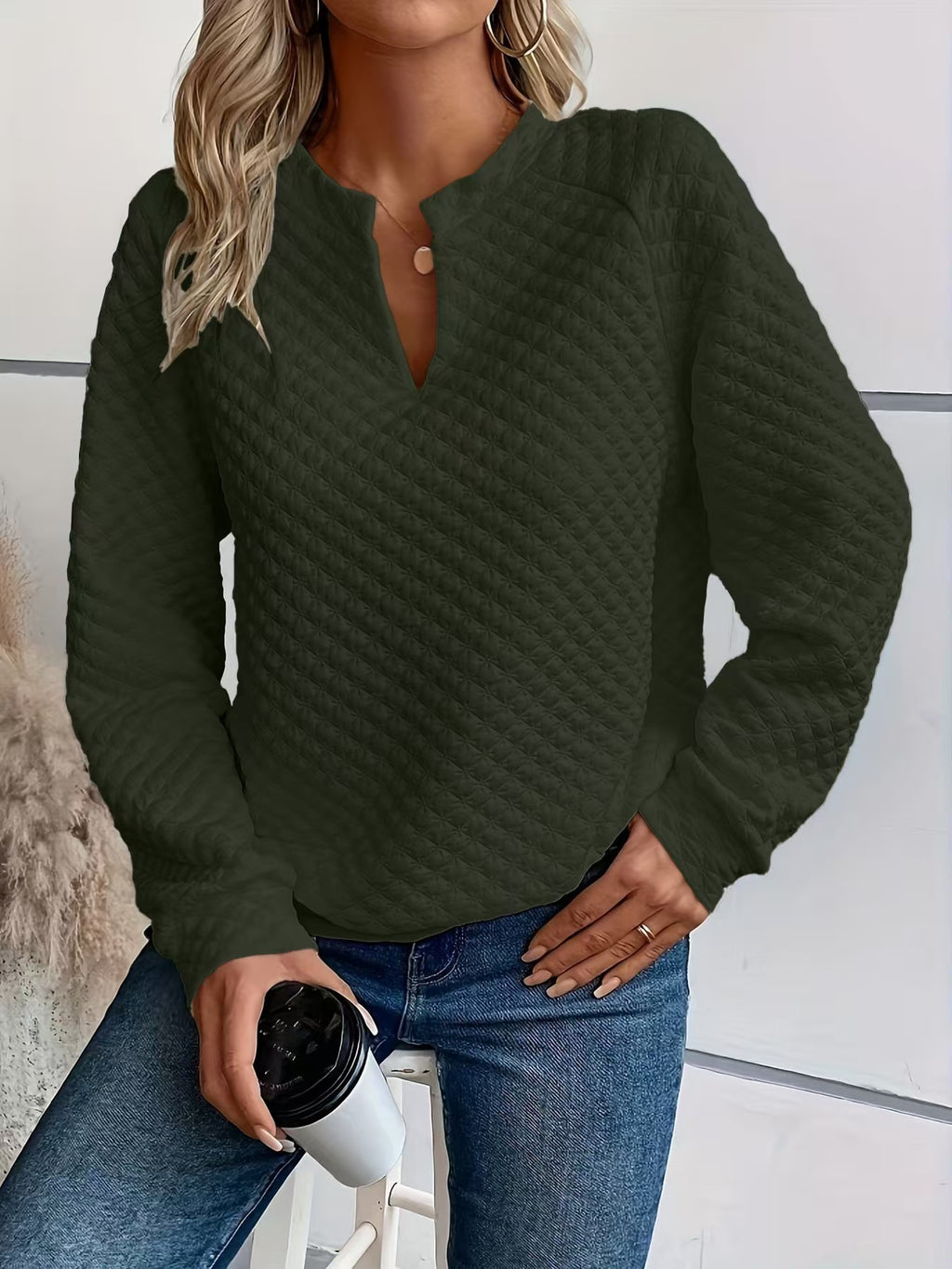 Womens Solid-Color Deep V-Neck Spliced Long-Sleeve Top by Ricaloux