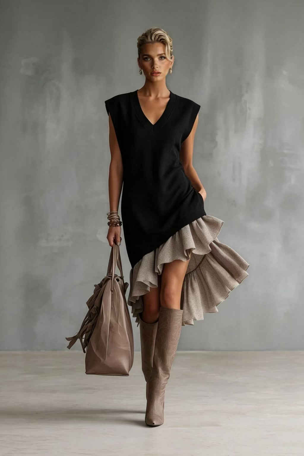 Solid-color Casual European-American Style Flounced Midi Skirt by Ricaloux
