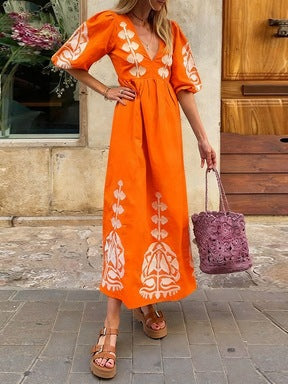 Womens Loose-fitting Casual Dress With Puff Sleeves And A Back-cutout Design by Ricaloux