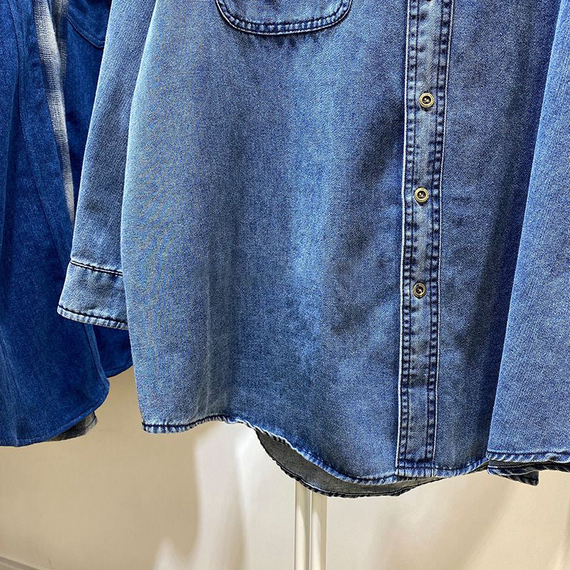 Spring And Autumn Vintage Hong Kong Style Blue Denim Shirt by Ricaloux