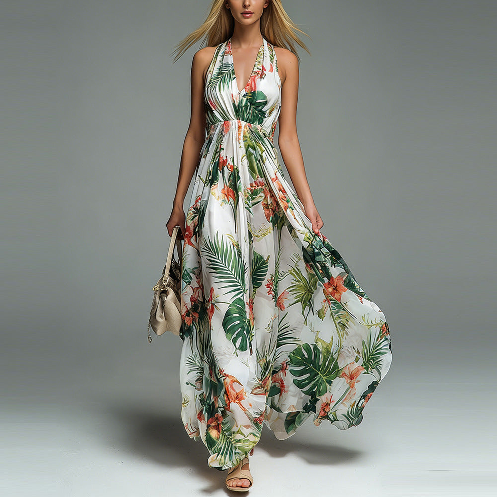 V-neck Halter-print Casual Dress Long Skirt by Ricaloux