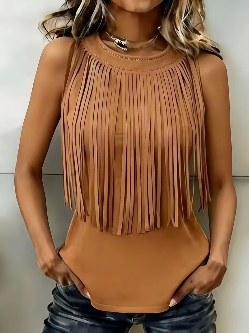 Womens Stylish Casual Tassel Sleeveless Top by Ricaloux