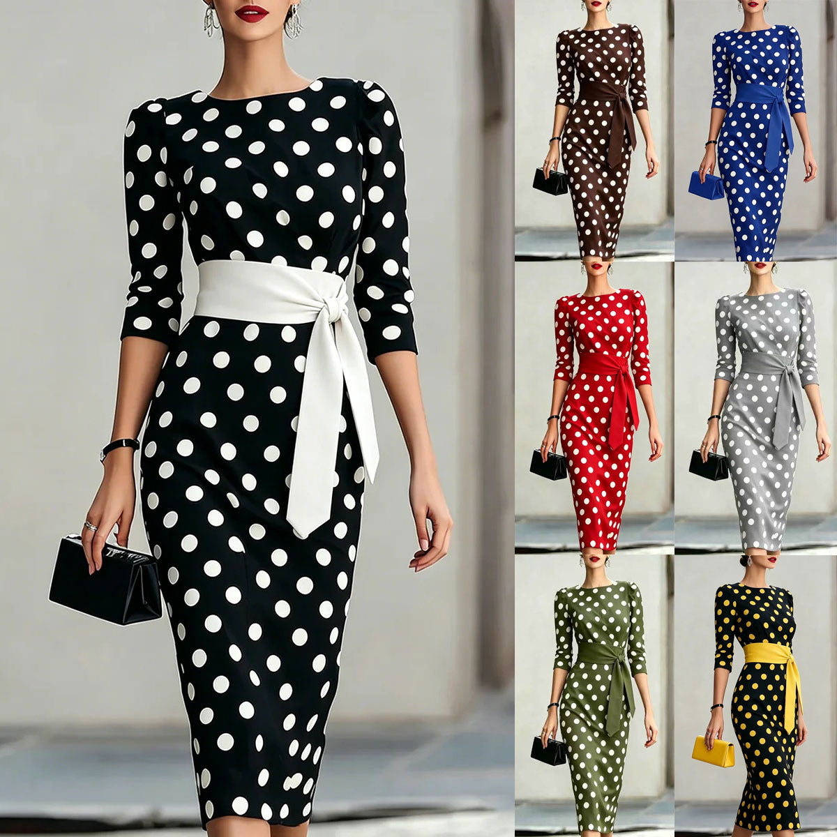 Women Elegant Black White Polka Dot Midi Dress With Waist Belt Three-Quarter Sleeve O Neck Pencil Bodycon Formal Work Office Party Dress by Ricaloux