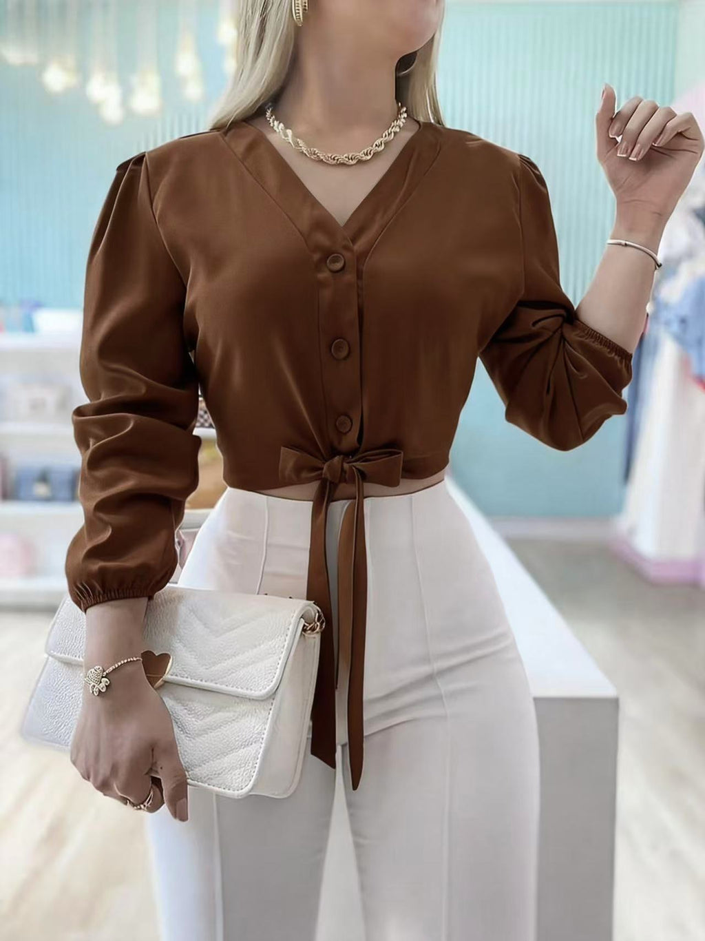 Long-sleeve Lace-up Casual Minimalist Cropped Blouse With Puff Sleeves – Premium 0 | RICALOUX