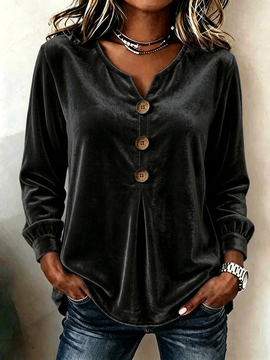 Elegant V-neck Buttoned Long-sleeve Velvet Blouse For Women by Ricaloux