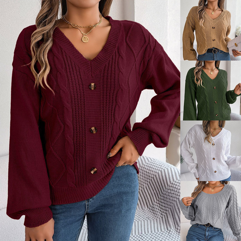 Solid-color V-neck Buttoned Cable-knit Puff-sleeve Pullover Sweater by Ricaloux