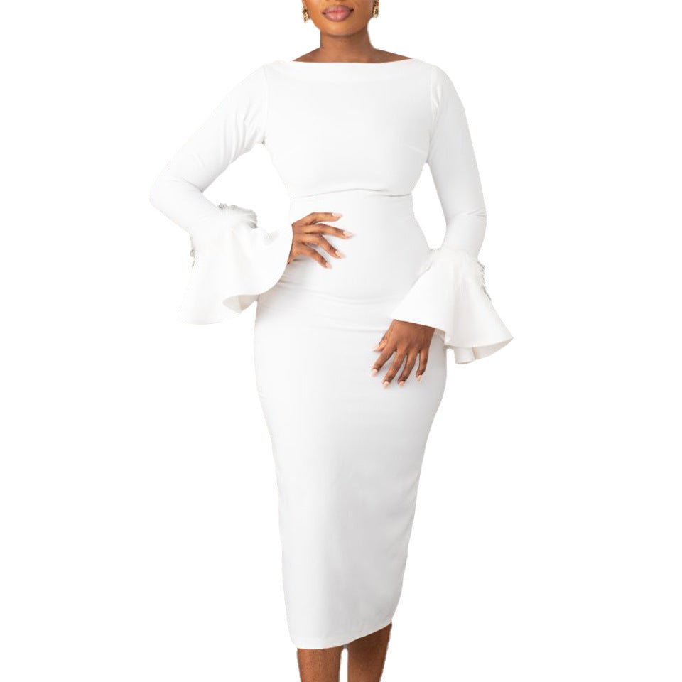 Fashion Solid Color Sheath Bell Sleeve OL African Dress - RICALOUX