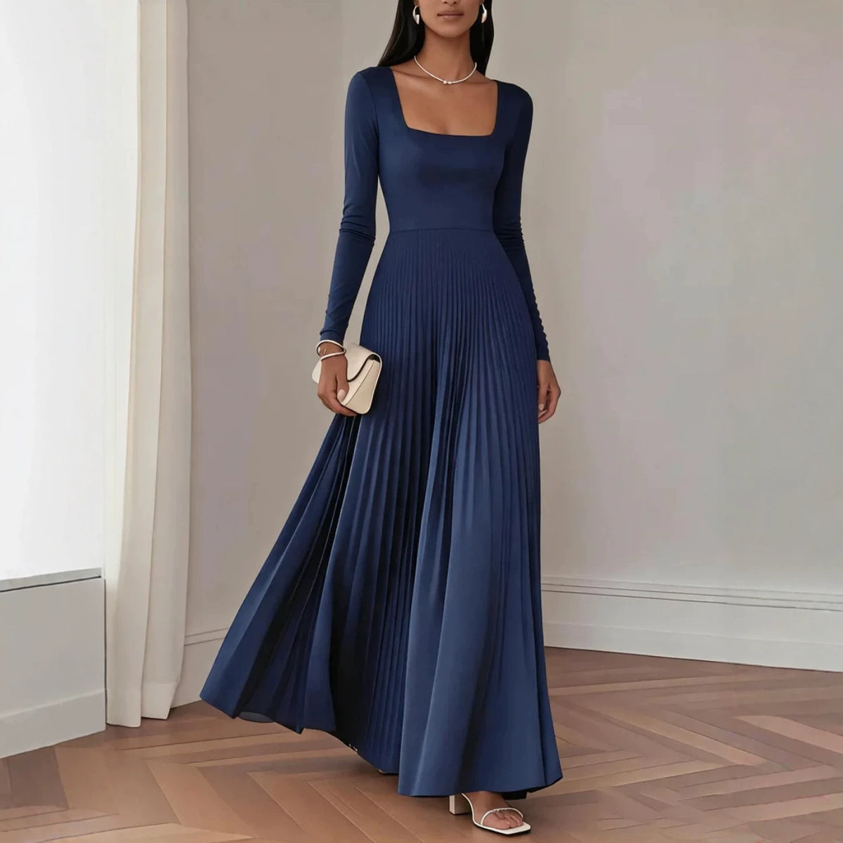 Womens Square-neck Long-sleeve Waist-cinching Pleated Dress – Premium 0 | RICALOUX
