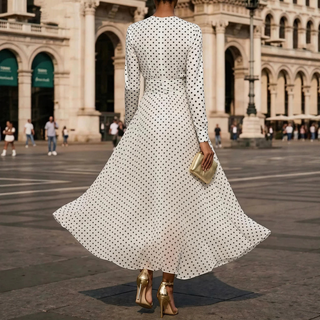 Round-neck Long-sleeve Polka-dot Sheath Dress – Premium 0 | RICALOUX