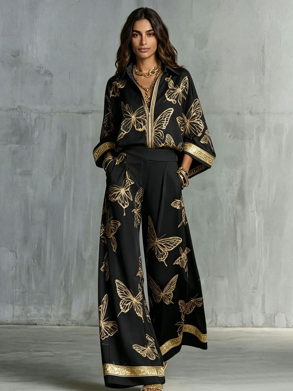 Womens Printed Loose-Fit Zip-Up Top And Wide-Leg Pants Two-Piece Set by Ricaloux
