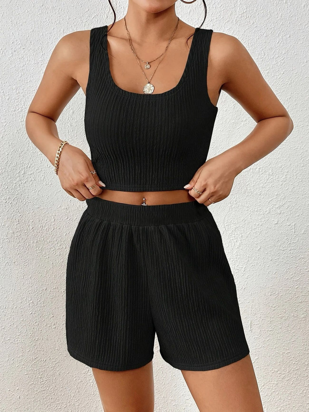 Women's Textured Sleeveless Crop Tank Top & Shorts Two Piece Set - Casual Loose Loungewear Set, Multiple Colors Available by Ricaloux