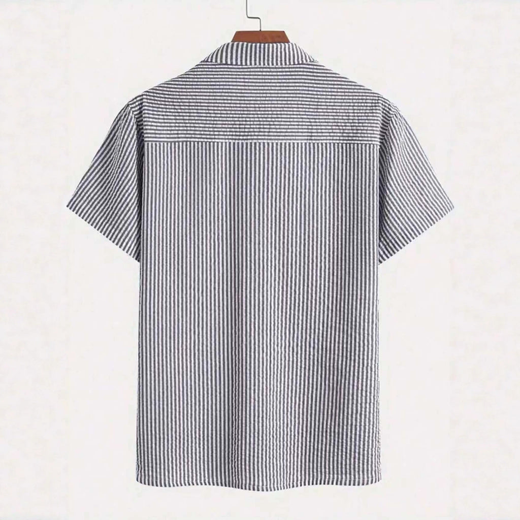 Mens Striped Short-sleeve Loose-fit Casual Shirt by Ricaloux