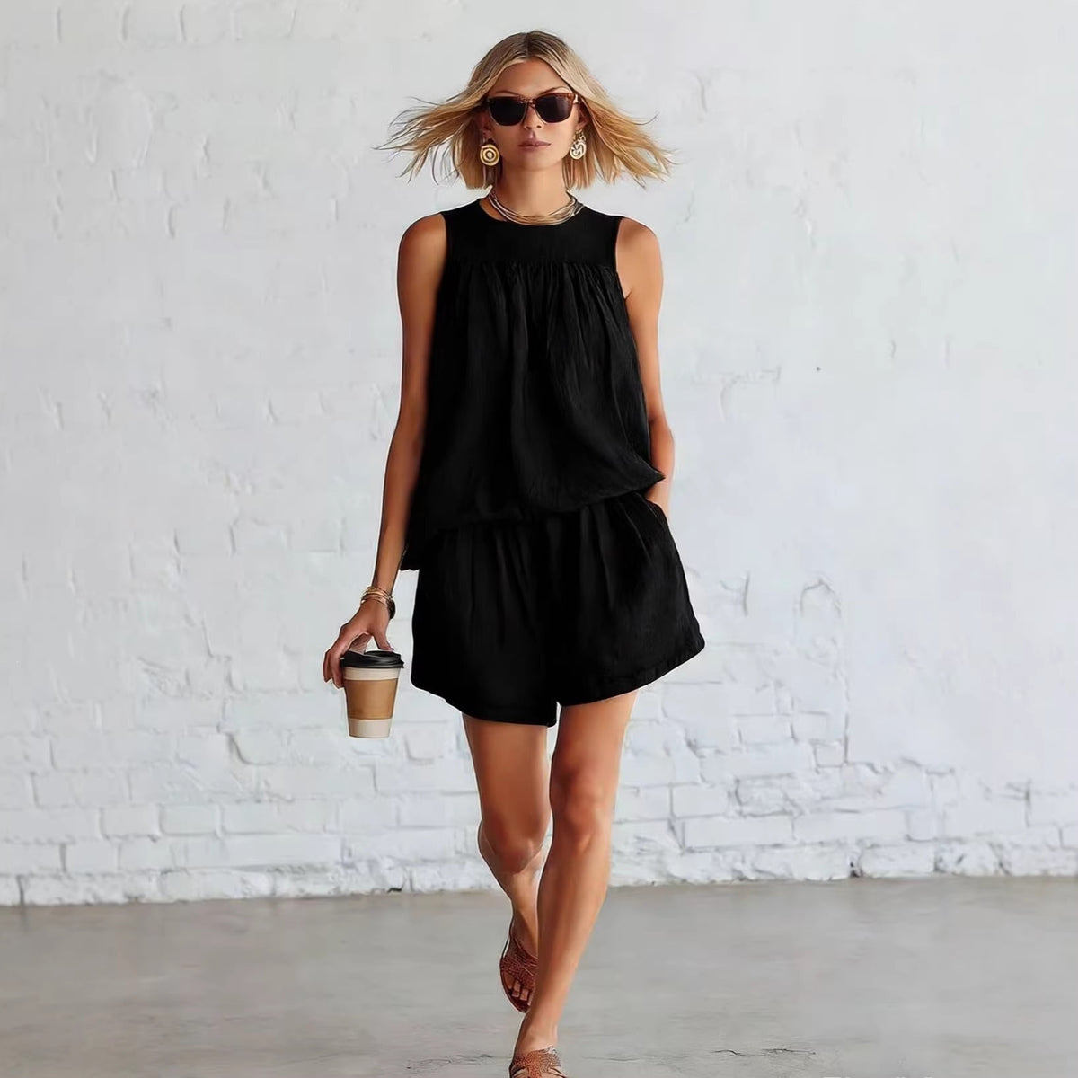 Retro Sleeveless Pleated Top And Wide-leg Shorts Set – Premium 0 | RICALOUX