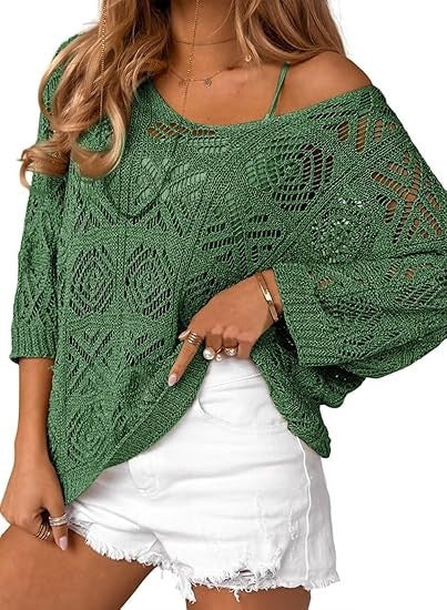 Crochet Hollowed-Out Three-Quarter-Sleeve Pullover Sweater – Premium 0 | RICALOUX