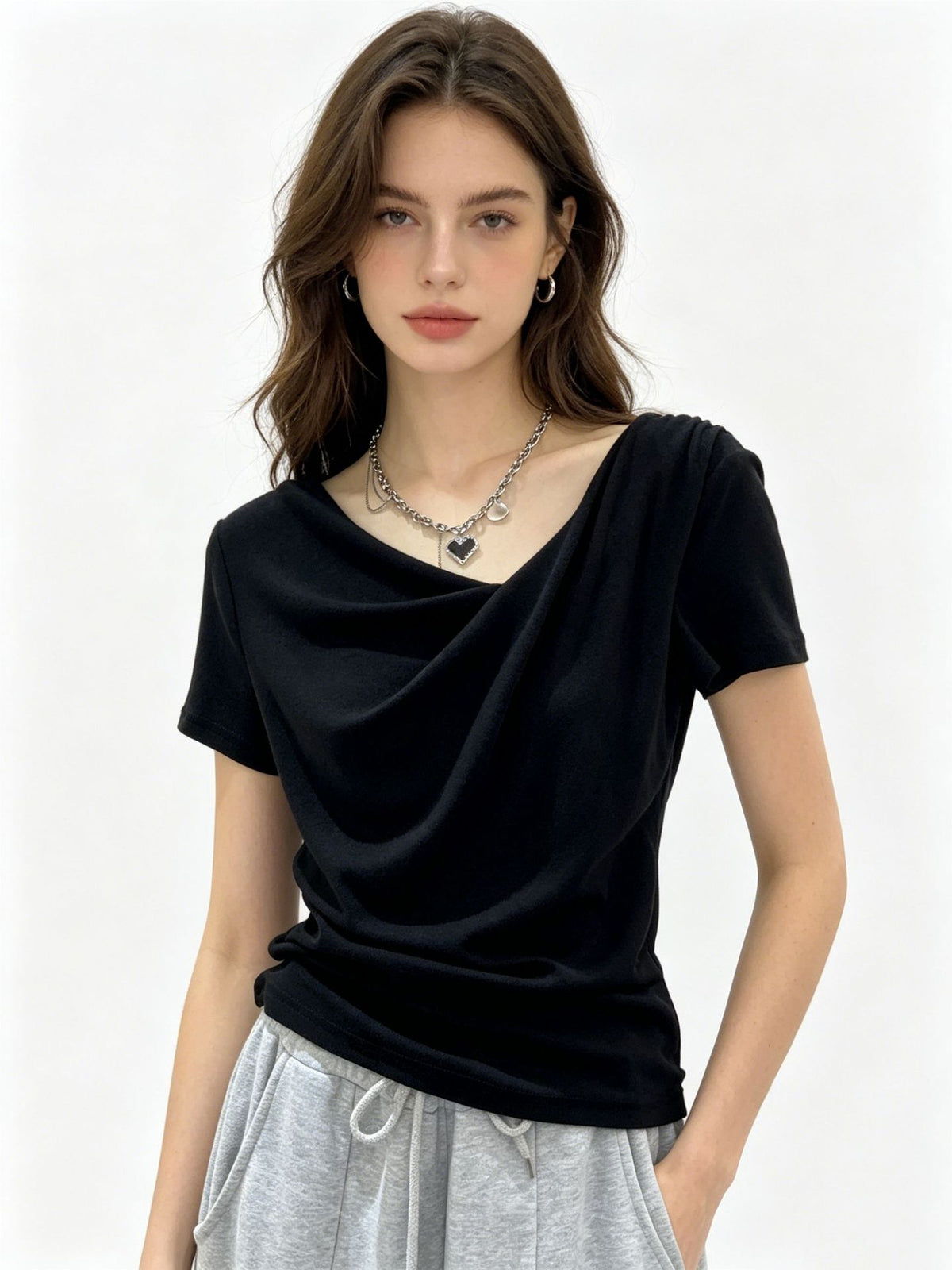 Design-focused Asymmetrical Boat-neck Short-sleeve T-shirt For Women – Premium 0 | RICALOUX