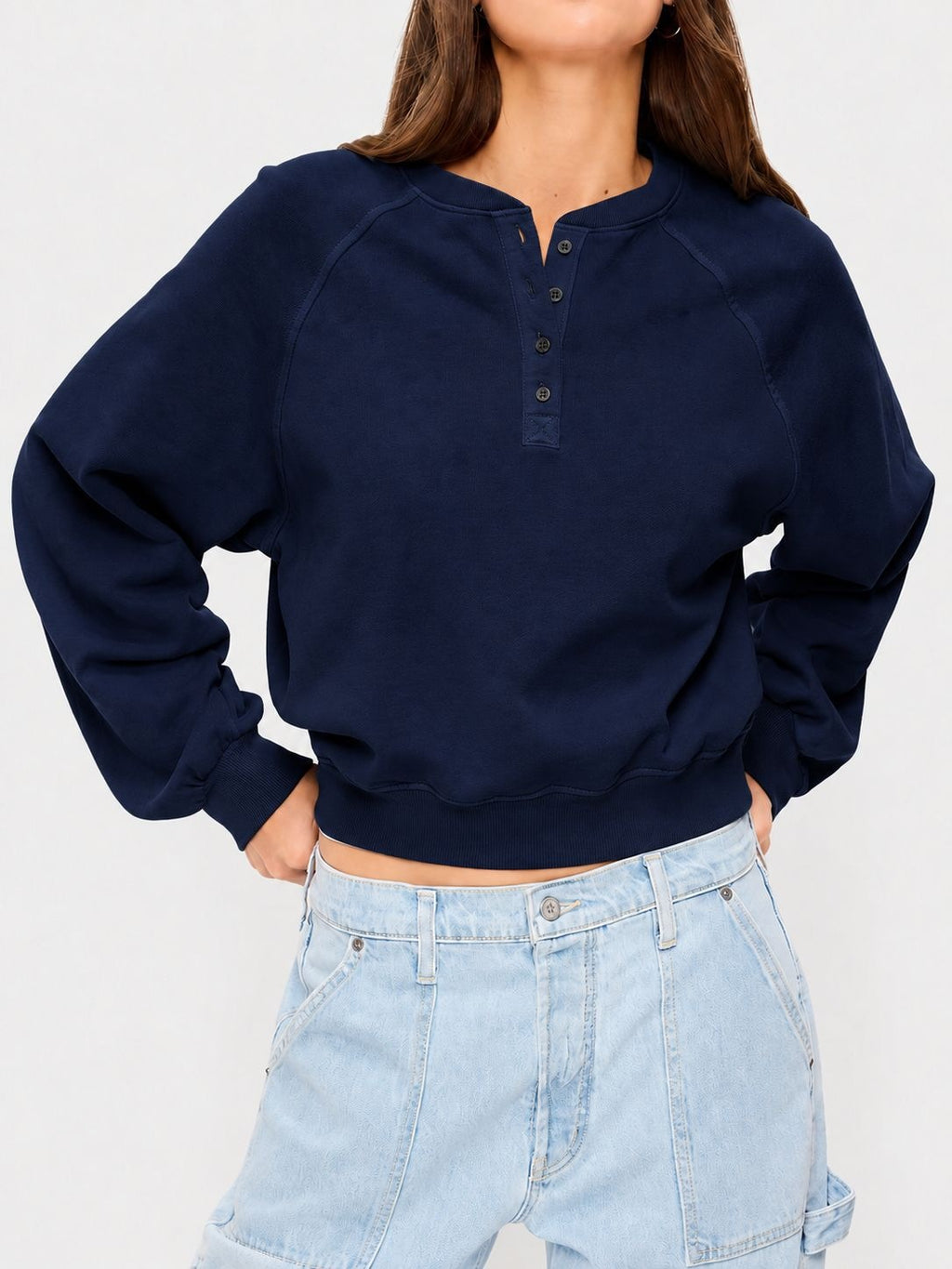 Womens Crew-neck Button-up Sweatshirt Loose-fit Casual Cropped Top by Ricaloux