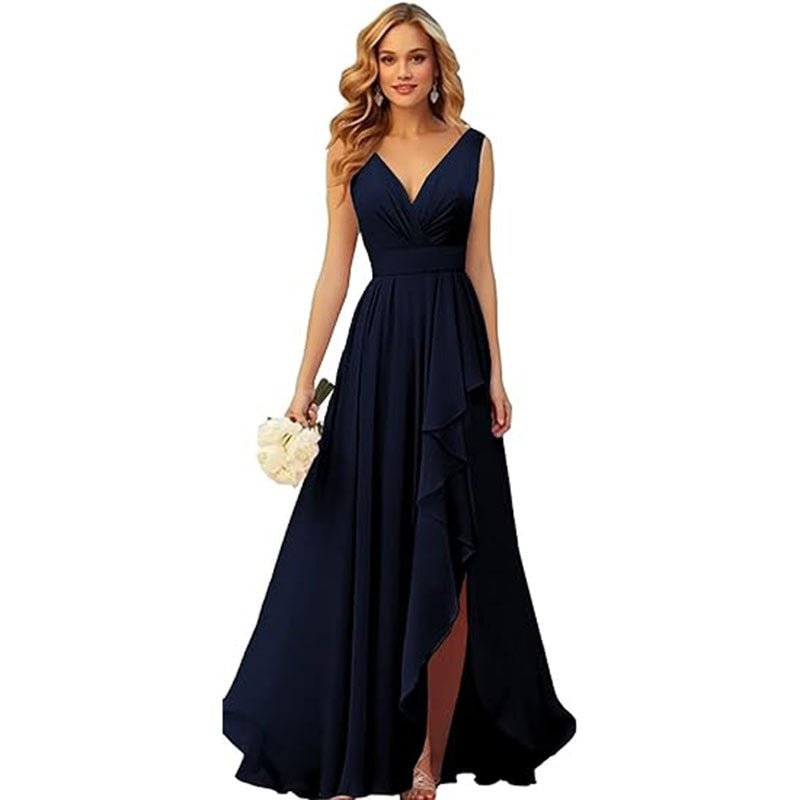 V-neck Pleated Slit Chiffon Dress With Tie Straps – Premium 0 | RICALOUX