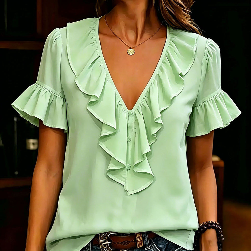 Womens Short-Sleeved T-Shirt With Ruffled Hem And V-Neck by Ricaloux
