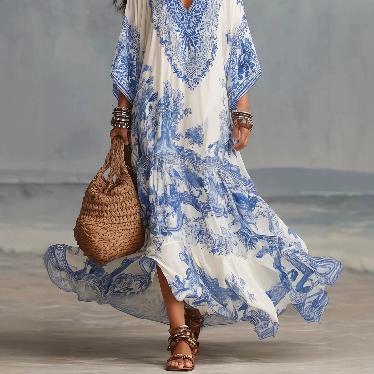 Printed V Neck Batwing Sleeve Bohemian Maxi Dress by Ricaloux