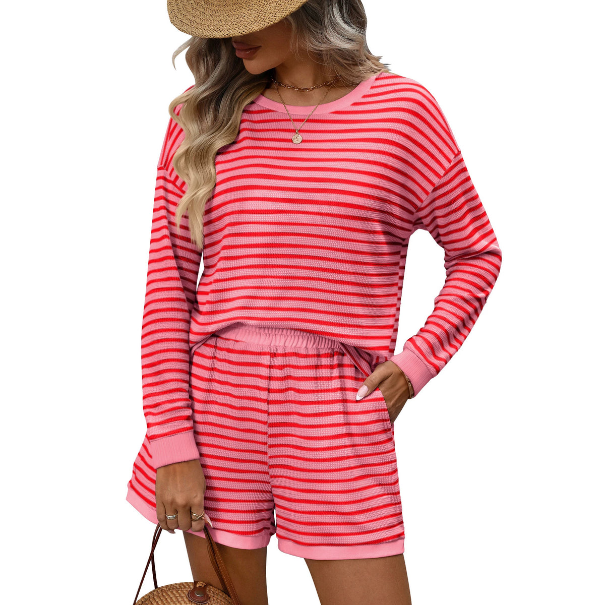 Womens Crew-neck Spliced Long-sleeve Shorts Two-piece Set by Ricaloux